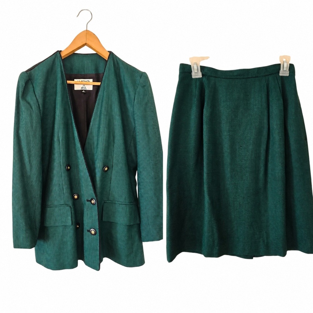 Vintage ASL Women's Size 8 Green Black Skirt Suit Blazer Set Rayon 2 Piece